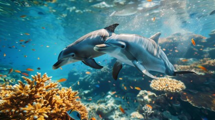 Fototapeta premium two dolphins swimming around the coral reef, with fish and sea plants in the background, showing an under water view