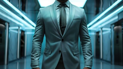 Male CEO in light grey suit, torso view, password entry field backdrop, modern office setting, representing secure login, cybernetic tone, Analogous Color Scheme
