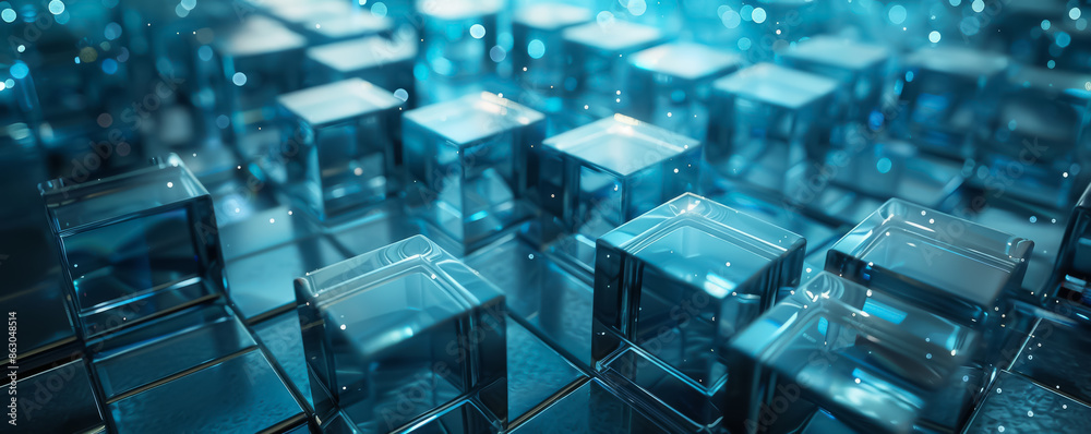 Poster abstract blue background with glowing cubes and glass blocks, digital technology concept in blockcha