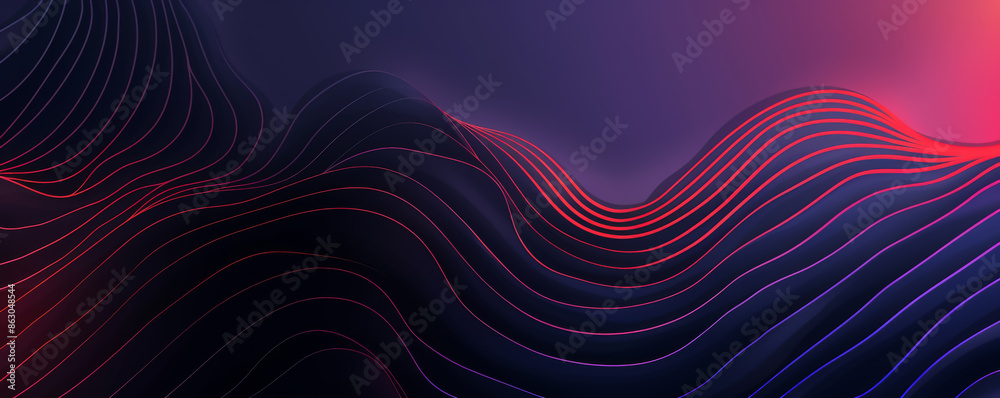 Poster graphics style with neon lines and gradient on dark purple background, light pink and red on black, 