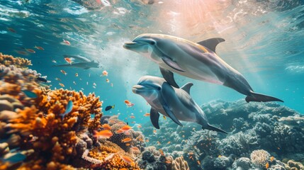 Fototapeta premium two dolphins swimming around the coral reef, with fish and sea plants in the background, showing an under water view