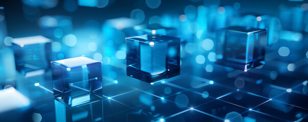 Blockchain and AI design with glowing cubes and glass blocks on blue abstract background, digital technology concept