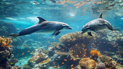 Obraz premium two dolphins swimming around the coral reef, with fish and sea plants in the background, showing an under water view