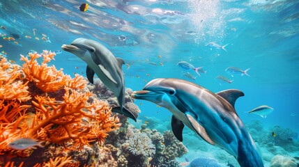 two dolphins swimming around the coral reef, with fish and sea plants in the background, showing an...