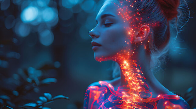 Spinal health visualization Woman experiencing spinal pain due Scheuermann's disease glowing depiction of thoracic spine deformities