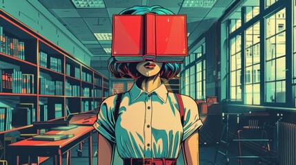 A pop art-inspired portrait featuring a teacher with a head replaced by a book. The lively color palette and graphic style emphasize the playful and imaginative theme. The teacher stands in a school