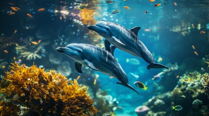 Fototapeta premium two dolphins swimming around the coral reef, with fish and sea plants in the background, showing an under water view