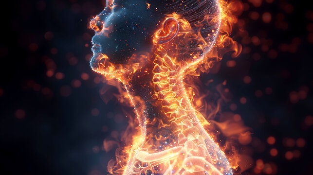 Spinal health visualization Person whiplash injury glowing depiction of the neck's rapid backandforth movement and resultant strain