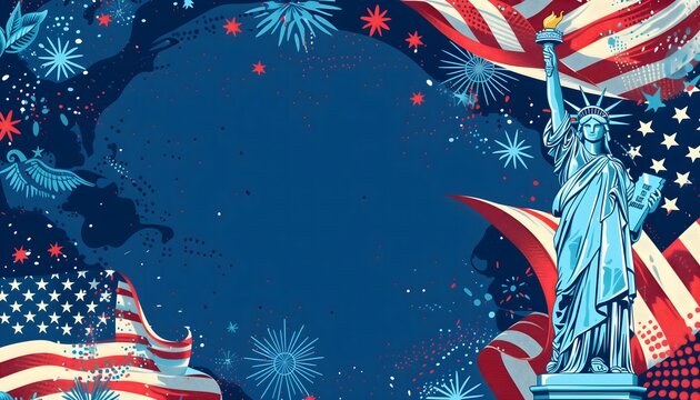 Patriotic background with Statue of Liberty, American flag, and fireworks. Perfect for 4th of July celebrations or any patriotic occasion.