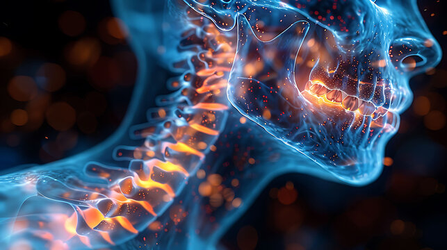 Spinal health visualization Person whiplash injury glowing depiction of the neck's rapid backandforth movement and resultant strain