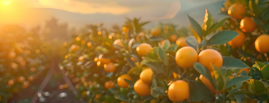 A citrus grove, with rows of orange and lemon trees stretching into the distance 4K Video