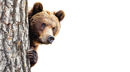 Fototapeta premium A brown bear peeks from behind a tree trunk, its fur blending with the bark. Its gaze is focused on something out of frame.