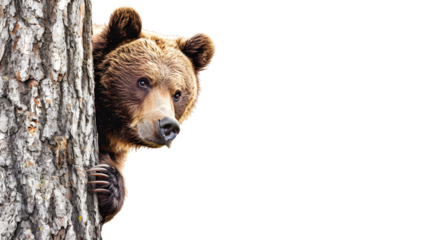 A brown bear peeks from behind a tree trunk, its fur blending with the bark.  Its gaze is focused on something out of frame.