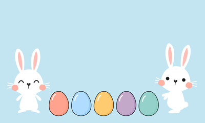 Set of Easter bunny rabbit cartoons and Easter eggs on blue background vector.