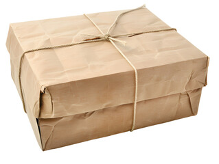 A brown paper package tied with twine, isolated on a white background.