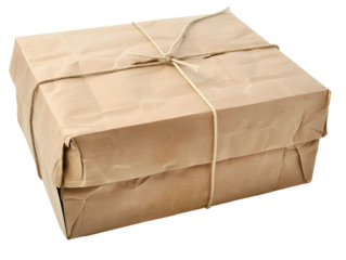 A brown paper package tied with twine, isolated on a white background.
