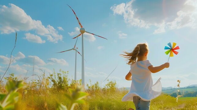 Childs joyful play near windmills little girl runs with pinwheels Embracing playful wind energy education and clean electricity in a picturesque sunny wind turbine setting : Generative AI