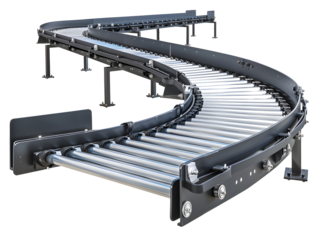 A curved conveyor belt system with roller wheels.