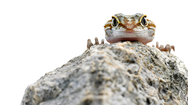 A curious leopard gecko with large eyes peeks over a rock, looking directly at the viewer.