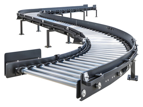 A curved conveyor belt system with roller wheels.