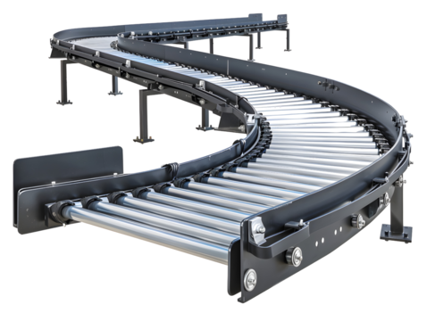 A curved conveyor belt system with roller wheels.