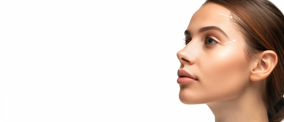 Naklejka premium Woman face with white arrows showing face lifting effect isolated on grey background. Generative AI.