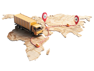 A delivery truck travels across a wooden map, connecting two red pinpoints.