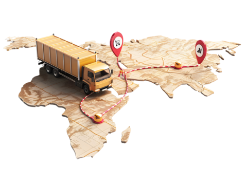 A delivery truck travels across a wooden map, connecting two red pinpoints.