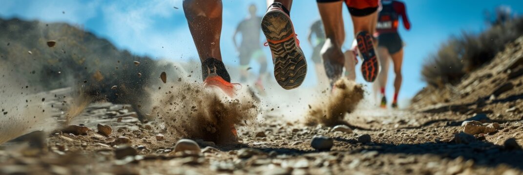 A dynamic image capturing the feet of trail runners racing along a rugged mountain path. The dust kicked up by the runners creates a sense of motion and energy