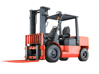 A red forklift with black wheels and a black cabin isolated on a black background.