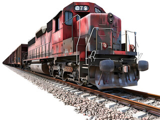 A red freight train with multiple cargo cars moves along a track.