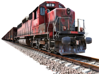 A red freight train with multiple cargo cars moves along a track.