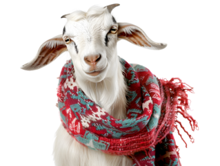 A white goat with a mischievous expression, wearing a colorful scarf.