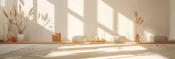 A serene and minimalist yoga studio with natural light streaming through the windows, featuring dried flowers and a calming atmosphere