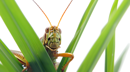 Close-up of a grasshopper perched on green blades of grass.  Its antennae and legs are visible.  The background is black.