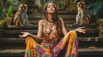 Naklejka premium Woman meditating on stone steps in a tropical setting with monkeys around. The image captures a sense of peace and harmony. Vibrant colors highlight a bohemian style. 