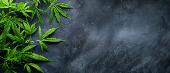Cannabis marijuana leaves isolated on grey textured wide background with copy space. Generative AI.
