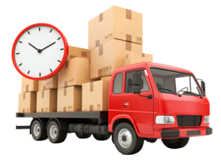 Red delivery truck loaded with cardboard boxes, with a large clock on top, symbolizing fast shipping and delivery.