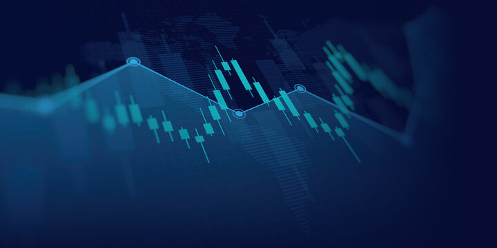 Widescreen abstract financial chart with uptrend line graph and world map on blue color background