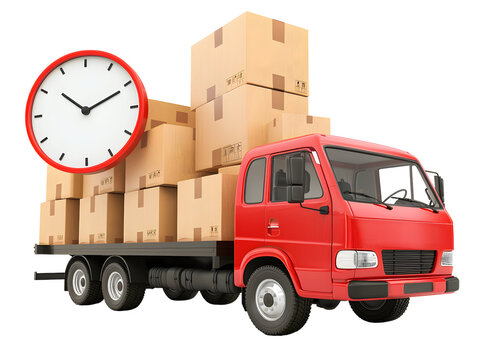 Red delivery truck loaded with cardboard boxes, with a large clock on top, symbolizing fast shipping and delivery.