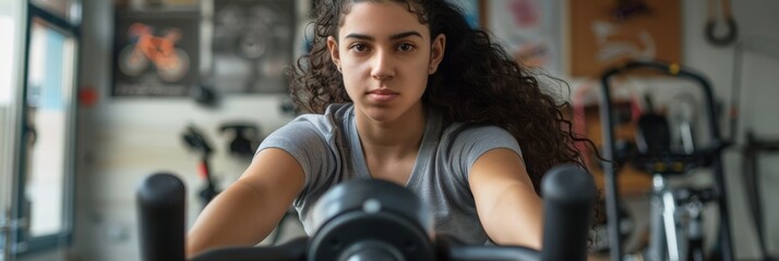 Fototapeta premium A young Hispanic woman with curly hair is exercising on a stationary bike in a fitness studio