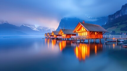 Wooden stilt houses at twilight on a foggy lake, serene reflections, peaceful setting 