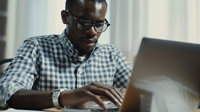 Closeup african american man calculates salary enters data in laptop accountant businessman makes calculation looks for information in paper documents controls business expenses focus  : Generative AI