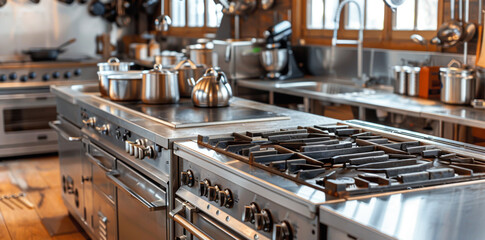 A professional kitchen with stainless steel appliances including oven and oven hanger, poses for commercial photography.