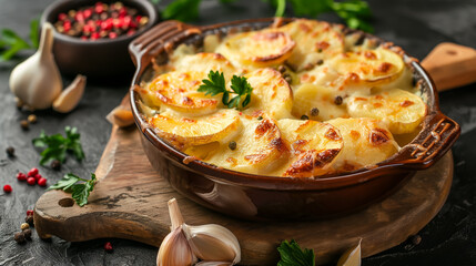 Appetizing potato gratin with creamy sauce placed on wooden board near raw ingredient. Generative AI