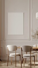 dining room interior design with table and chairs, white poster frame mockup on the beige wall, in vertical orientation for social media post