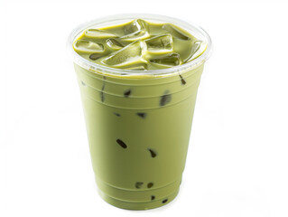 Iced green tea in plastic take away cup isolated on white background. Generative AI.
