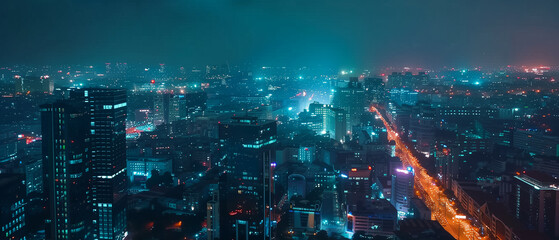 Fototapeta premium Wide top view. Cityscape of a big city at night with office buildings and skyscrapers. Generative AI