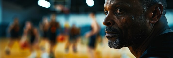 A basketball coach intently watches his team during a training session in an indoor court