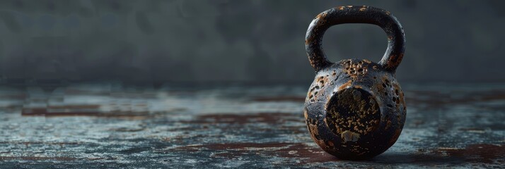 A single weathered kettlebell rests on a rustic, textured surface. The kettlebell is the focus of the image, with a soft, blurred background